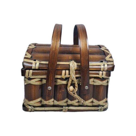 Vintage Bamboo Treasure Chest Mini Picnic Basket Purse 7x7x6 inches Keep-Sake - Picture 1 of 15